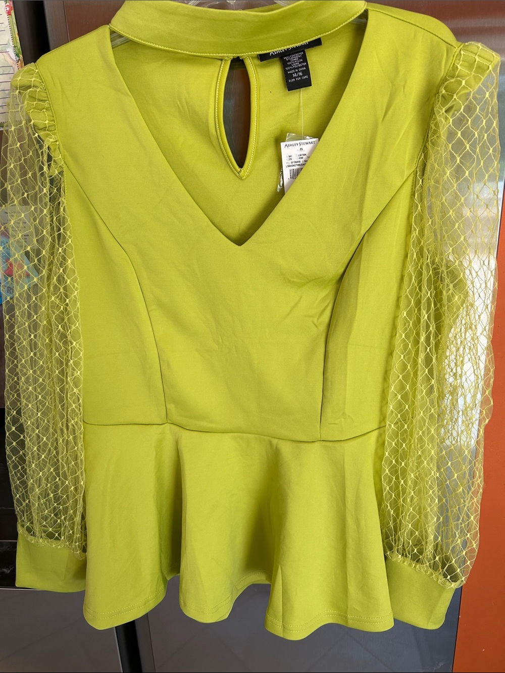 Ashley Stewart Lime Green Peplum Top with Mesh Sleeves